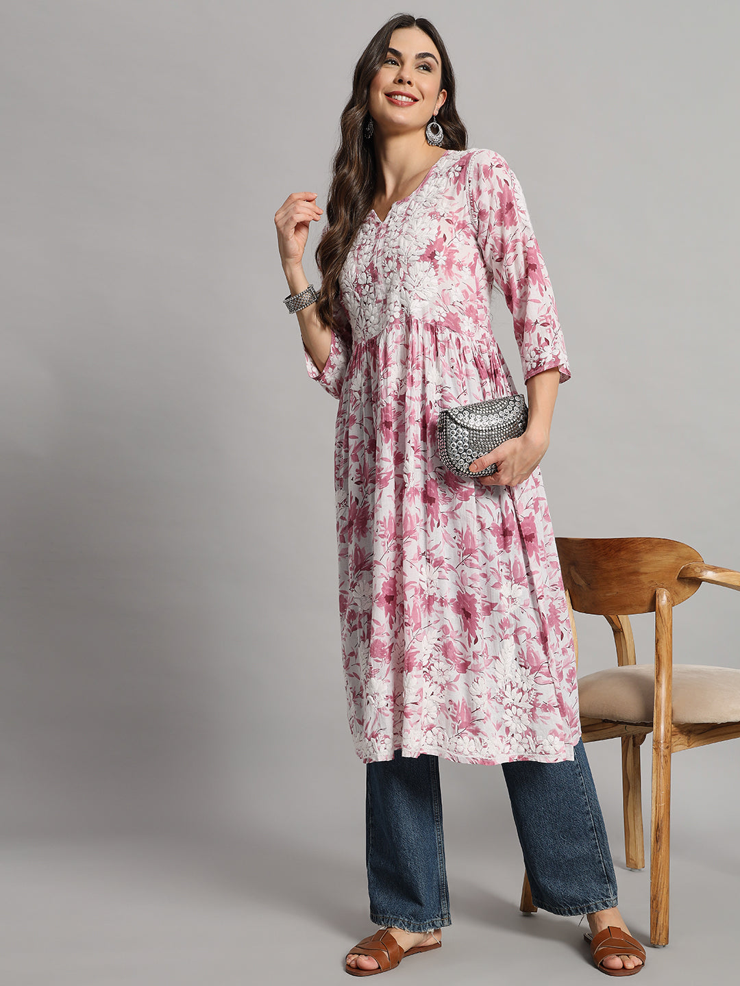 chikankari long gown for women