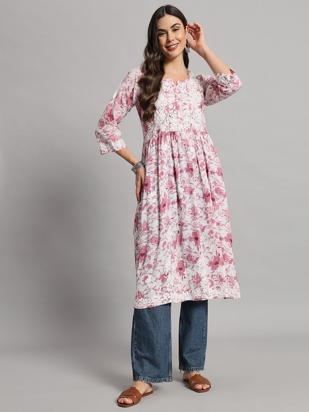 chikankari long gown for women