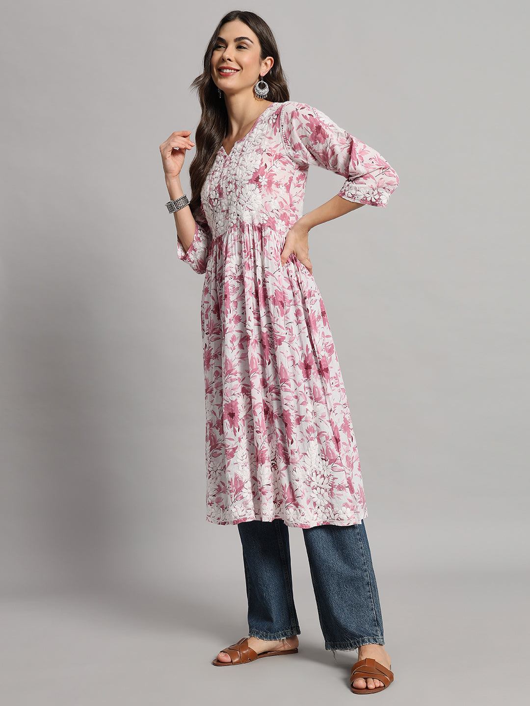 chikankari long gown for women