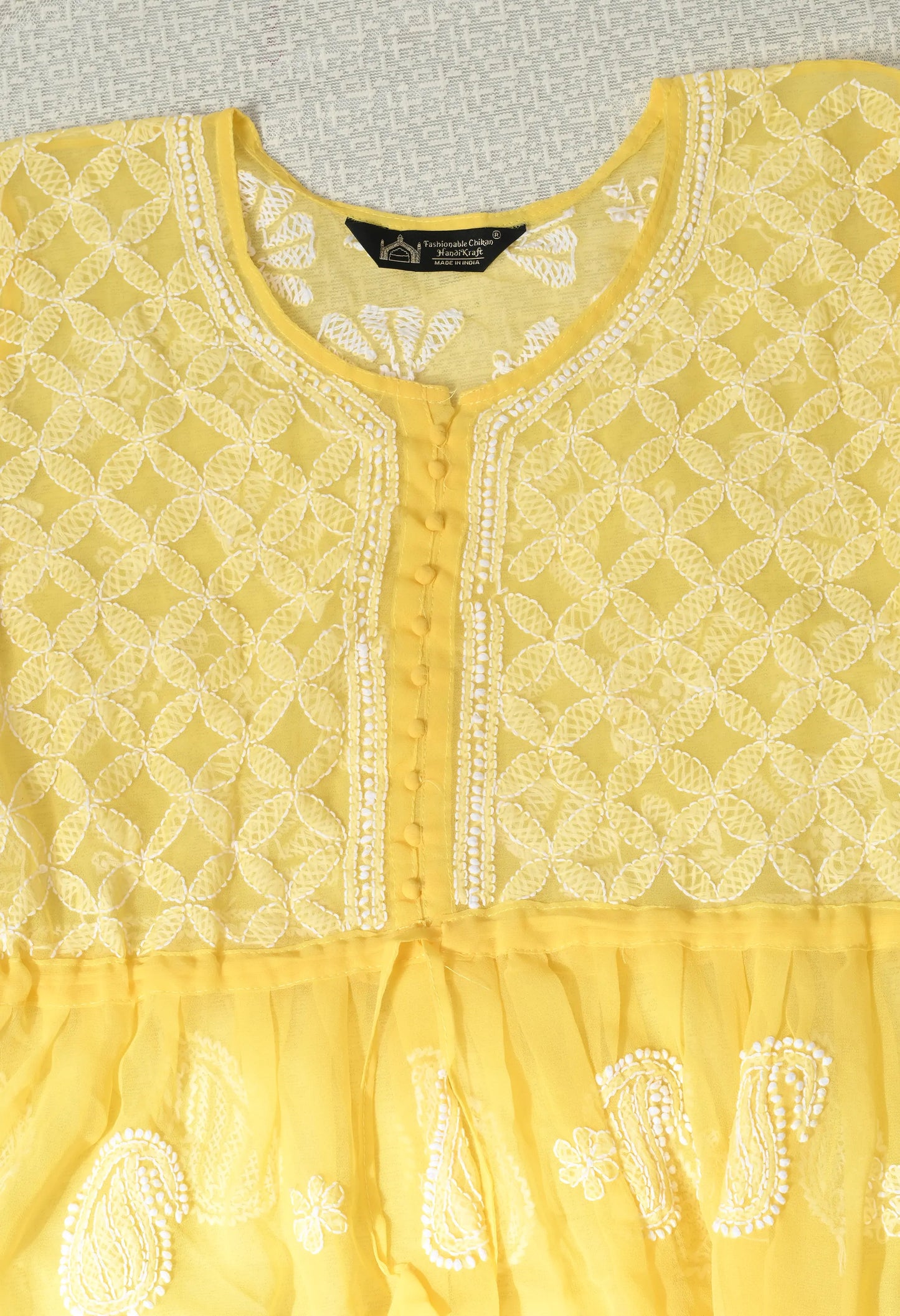SOFT GEAORGETTE CHIKAN HANDWORK SHORT GOWN | MANGO YELLOW