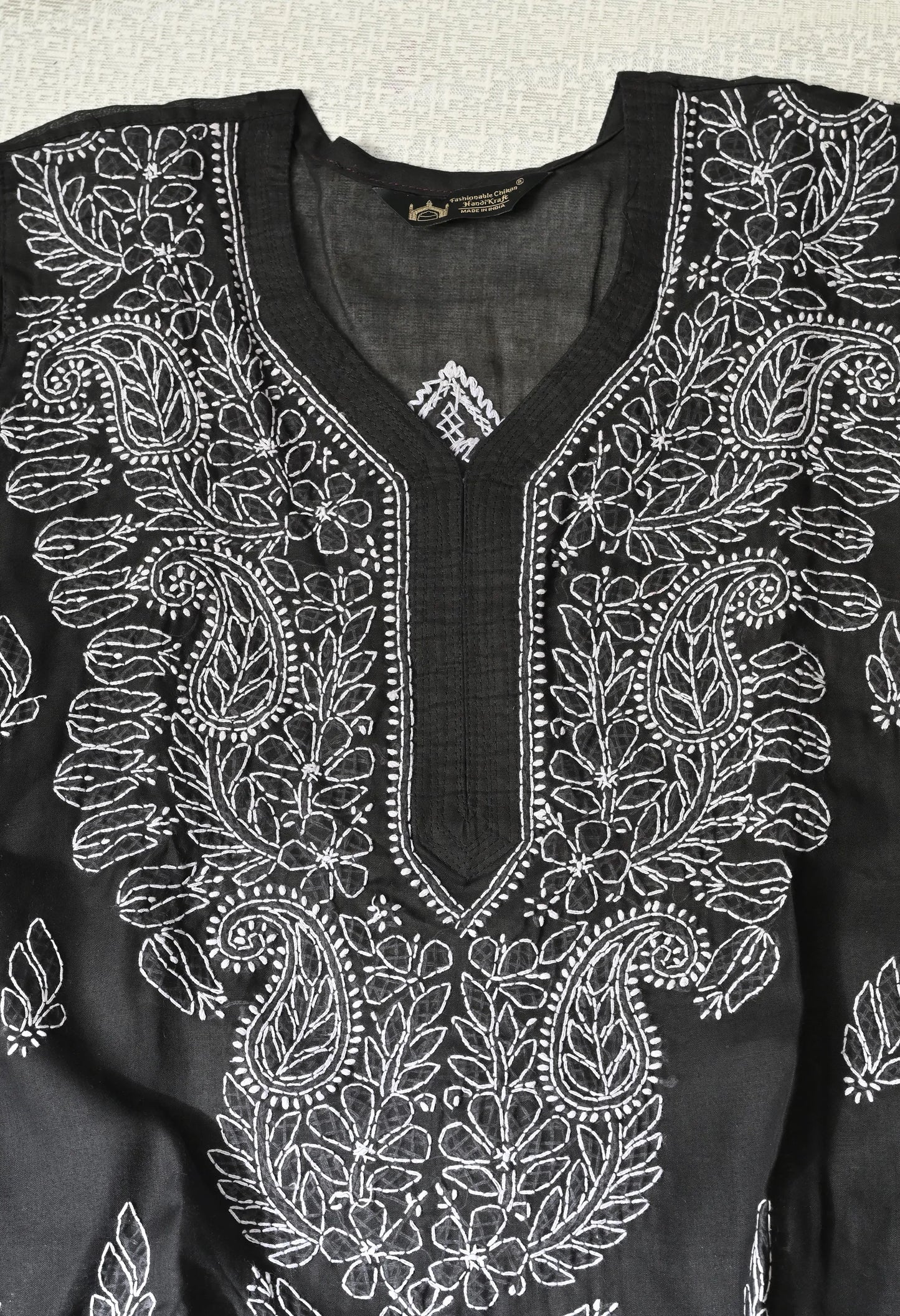 PURE COTTON CHIKAN HANDWORK LONG KURTI | BLACK