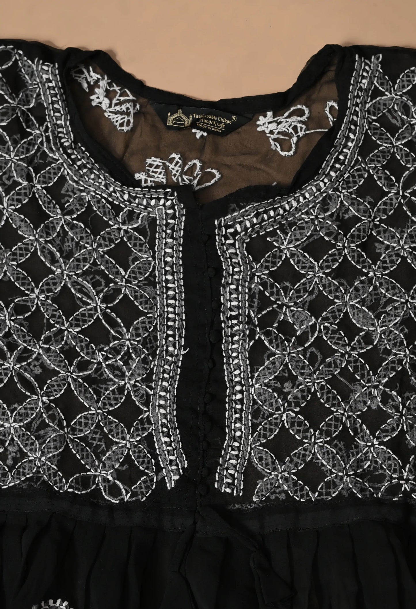 SOFT GEAORGETTE CHIKAN HANDWORK SHORT GOWN | BLACK
