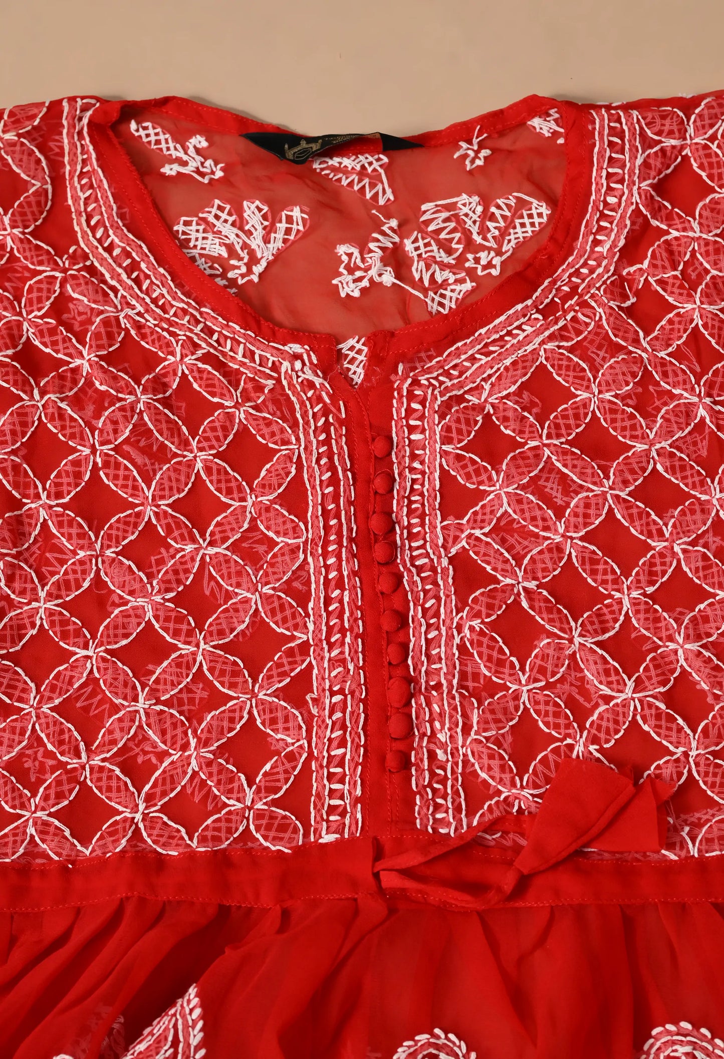 SOFT GEAORGETTE CHIKAN HANDWORK SHORT GOWN | RED