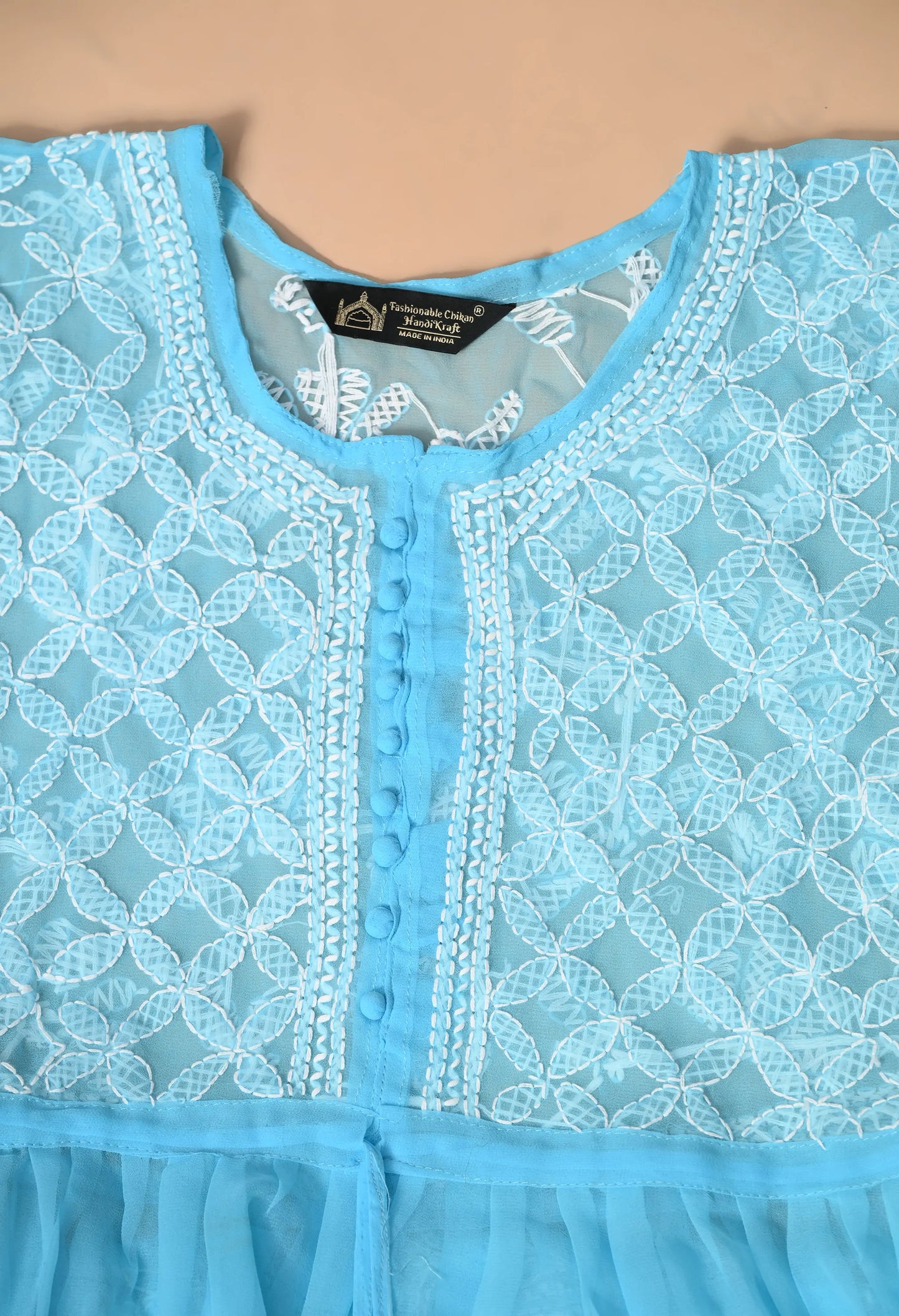 SOFT GEAORGETTE CHIKAN HANDWORK SHORT GOWN | SKY BLUE