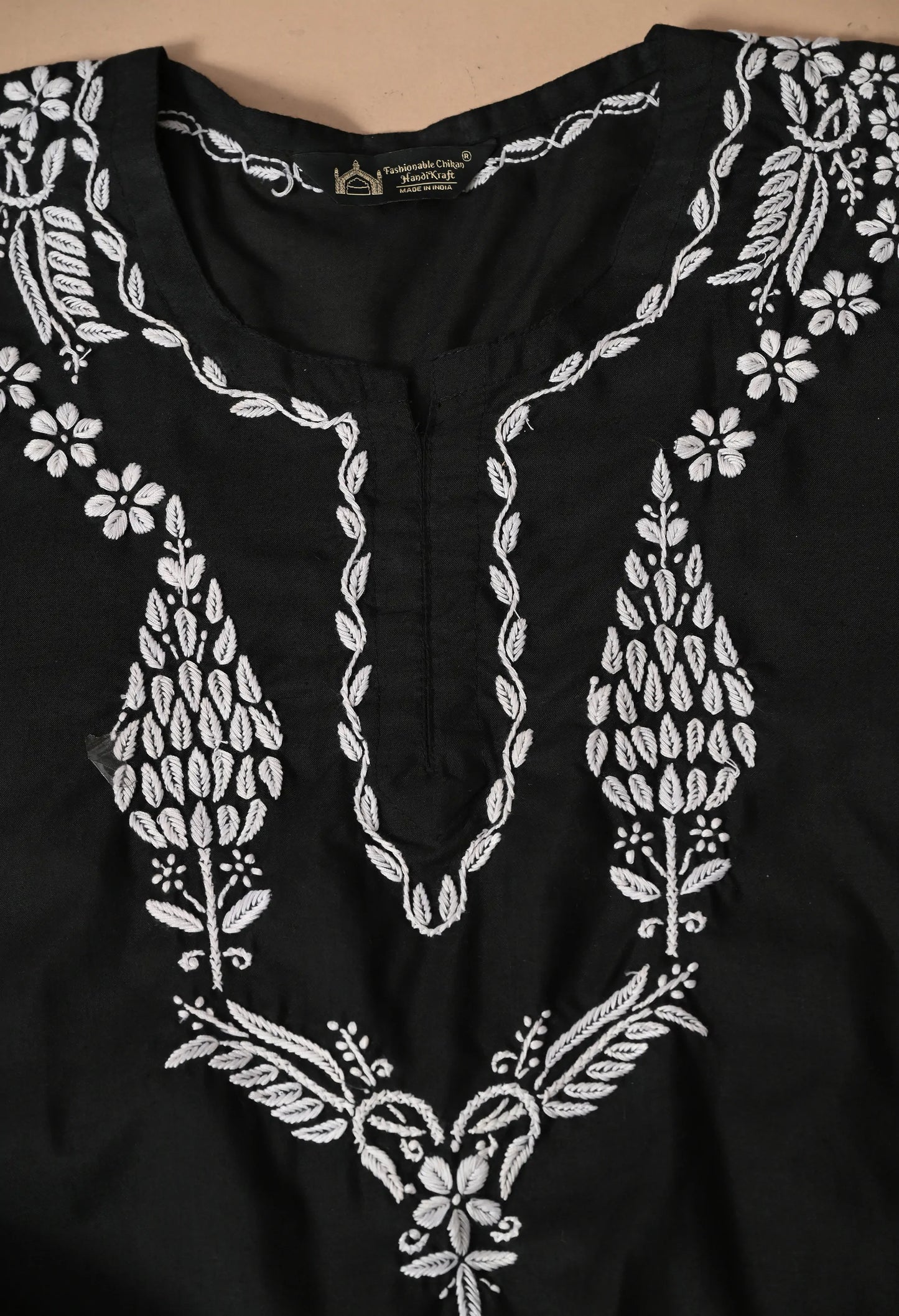 Women Hand Embroidered Lucknowi Chikankari Cotton Straight Short Top | Black Colour