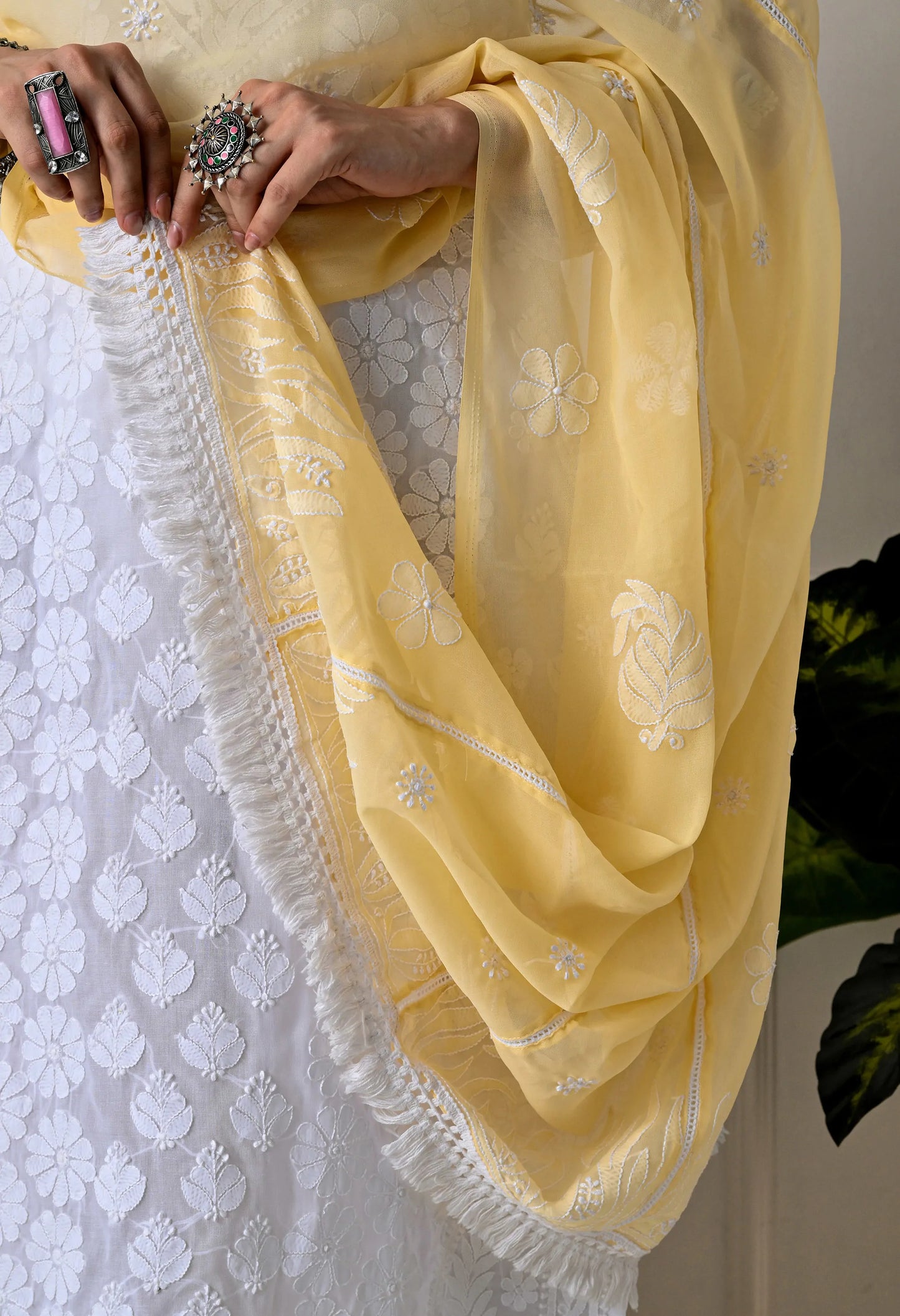 Yellow Georgette Chikankari Hand Embroidered Dupatta for Women