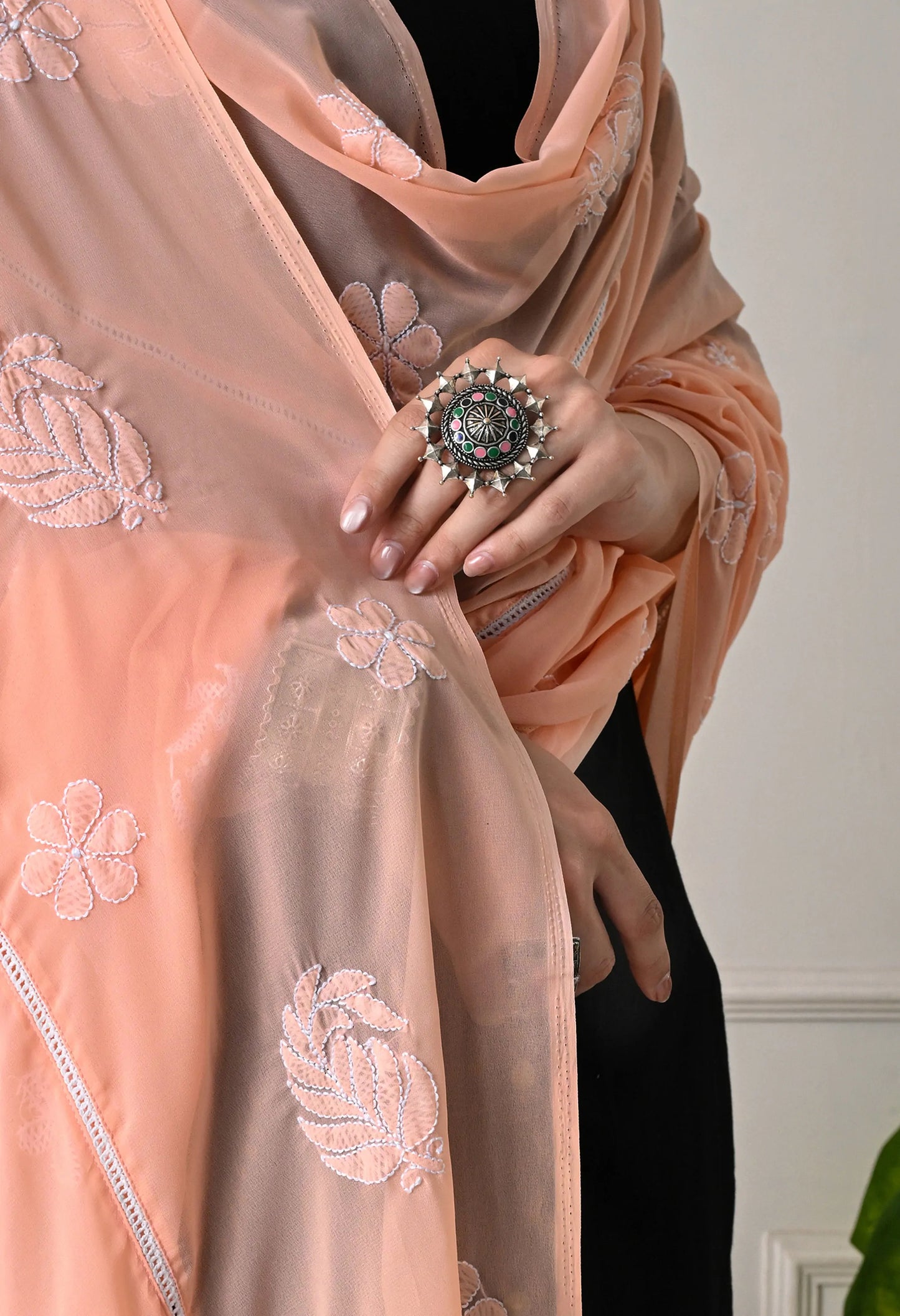 Peach Georgette Chikankari Hand Embroidered Dupatta for Women