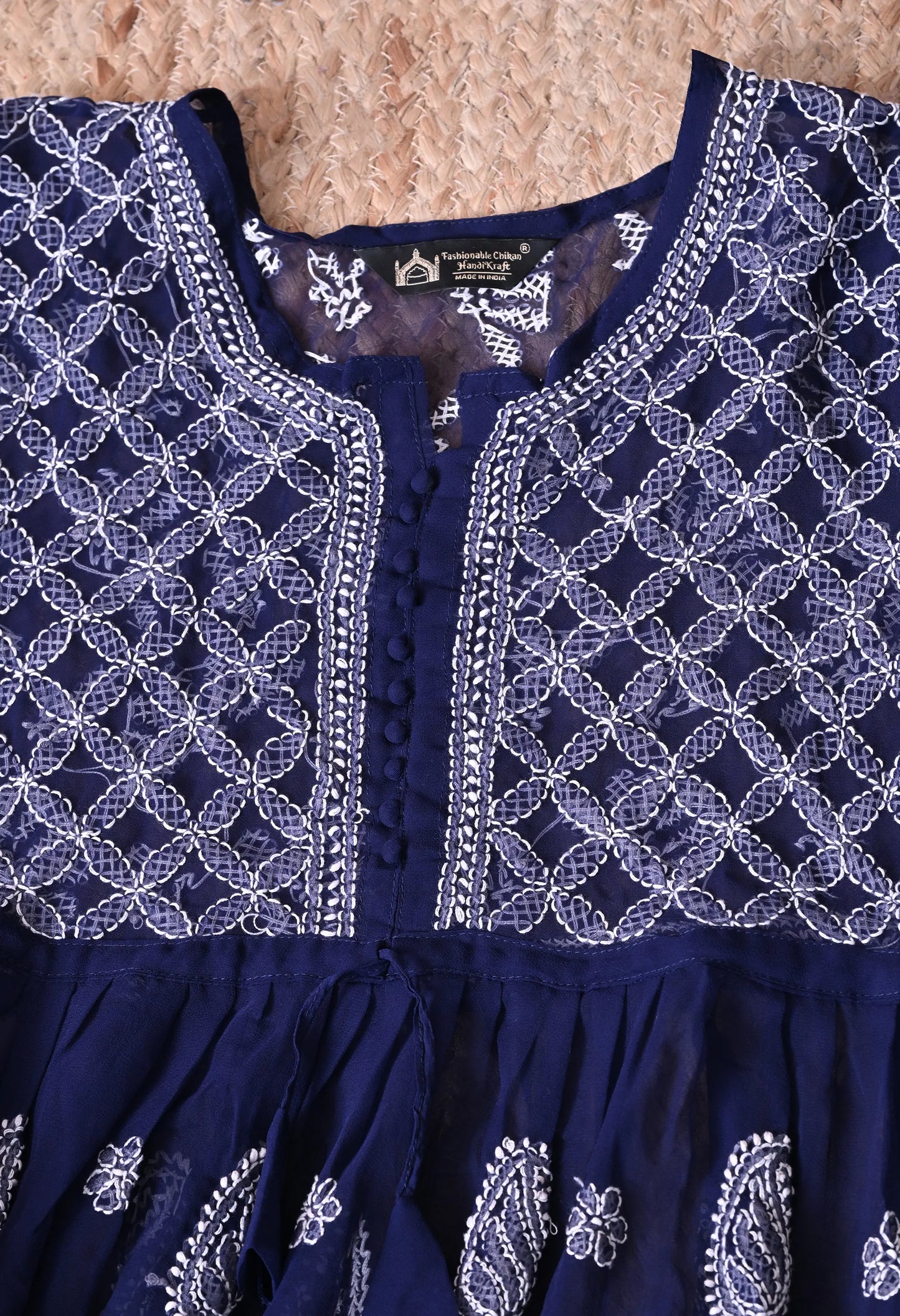 SOFT GEAORGETTE CHIKAN HANDWORK SHORT GOWN | NAVY BLUE