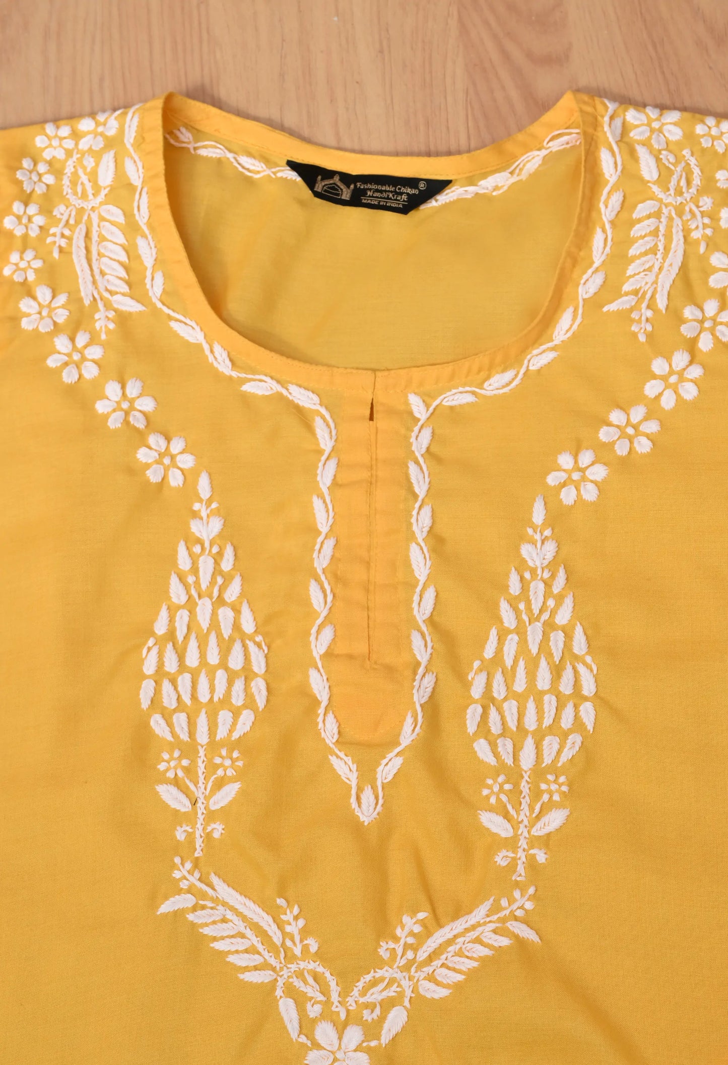 Women Hand Embroidered Lucknowi Chikankari Cotton Straight Short Top | Yellow Colour