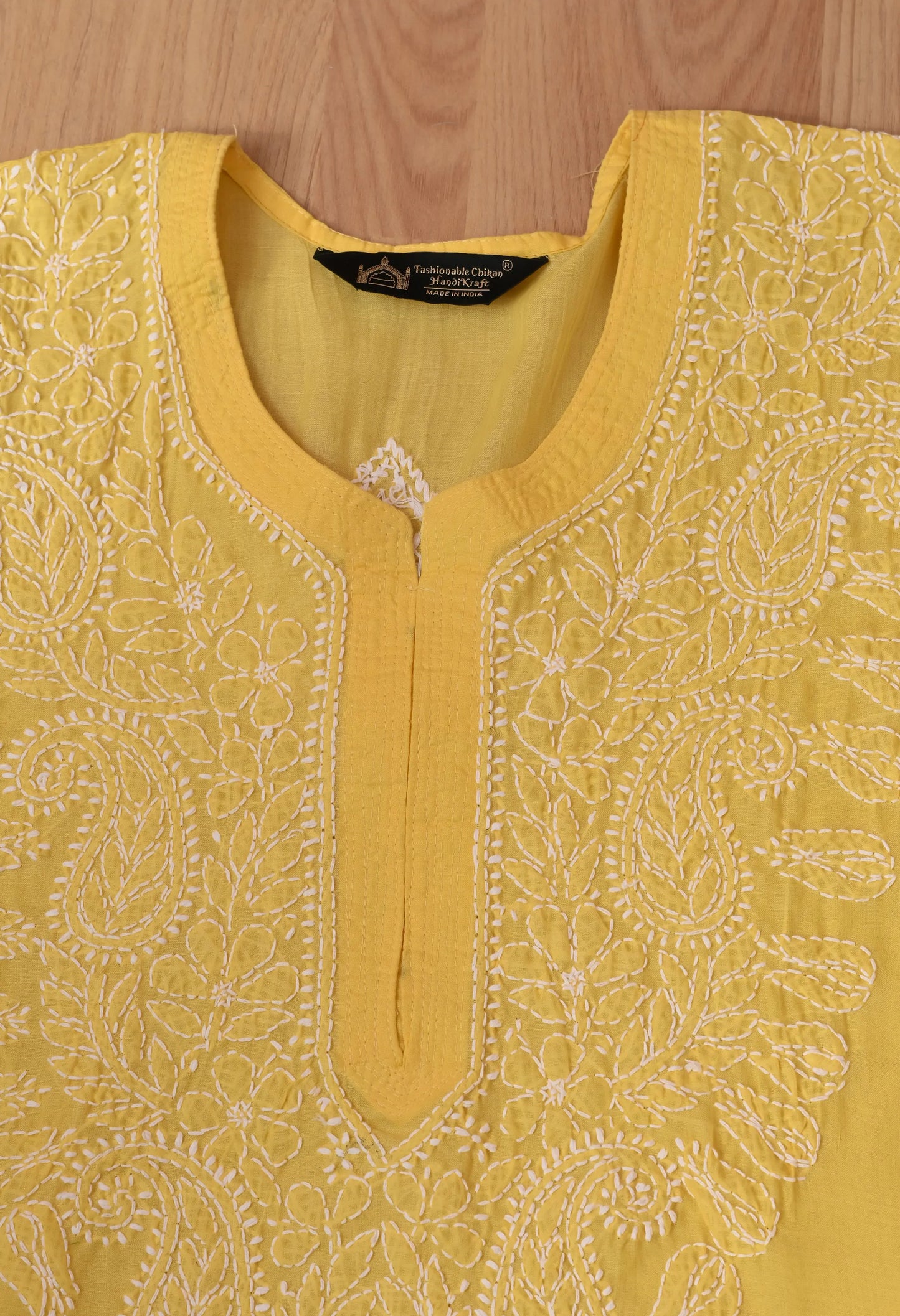 PURE COTTON CHIKAN HANDWORK LONG KURTI | YELLOW