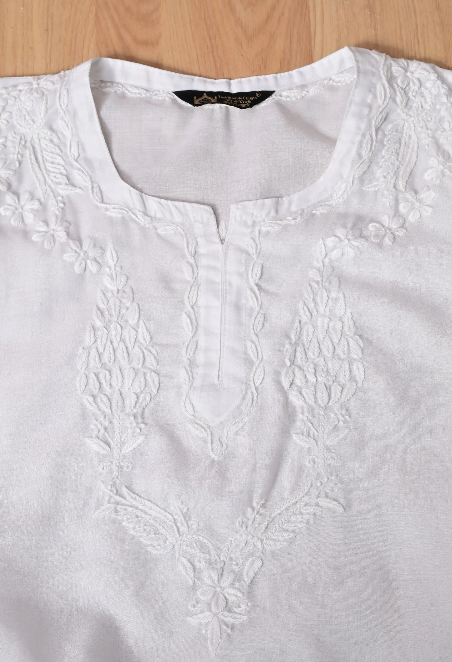 Women Hand Embroidered Lucknowi Chikankari Cotton Straight Short Top | White Colour