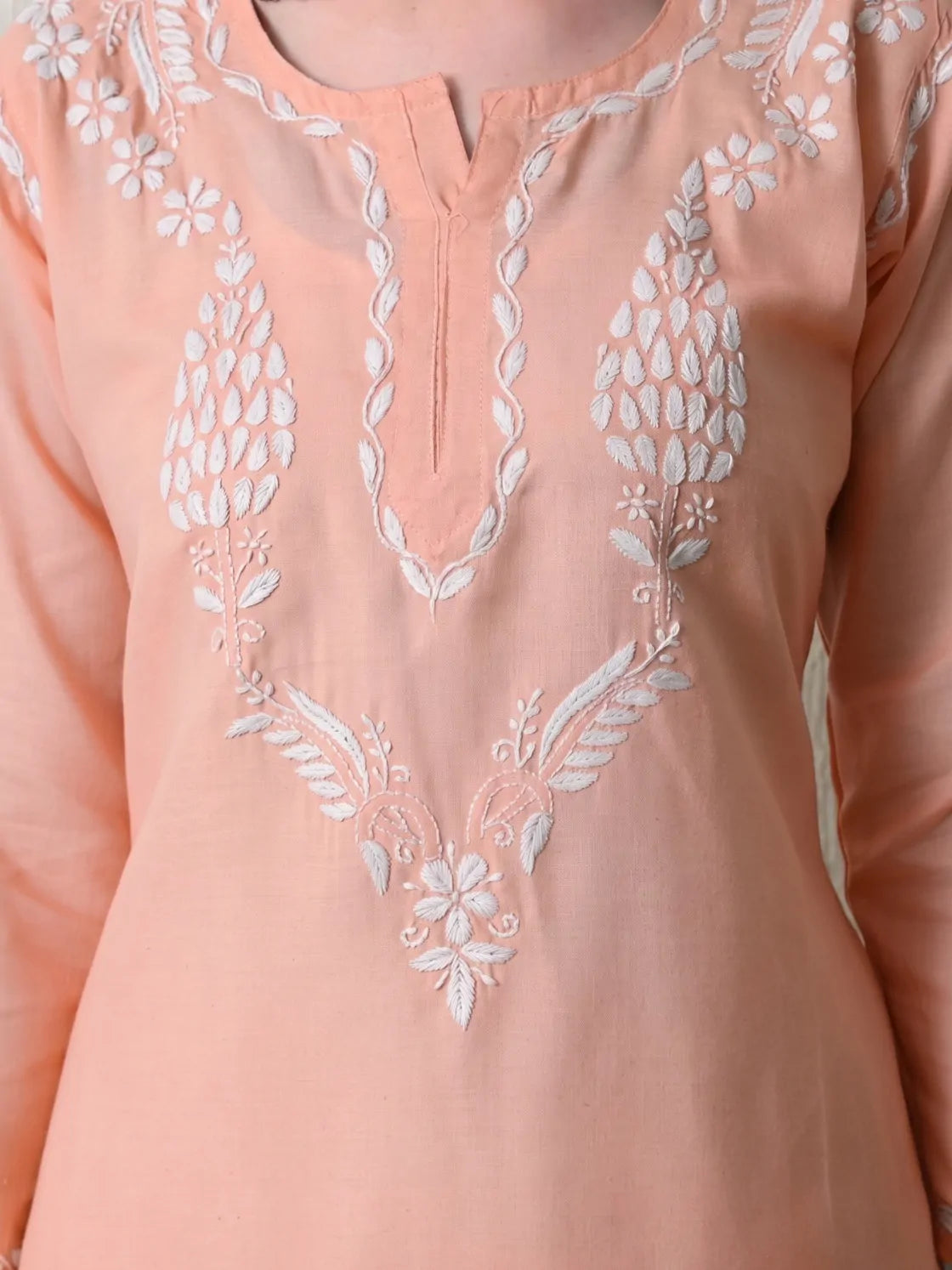 White Embroidery on Peach Cotton Kurti Close-Up
