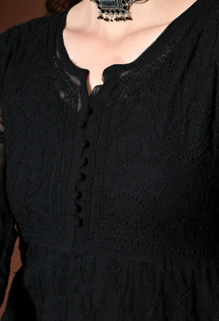 Close Up Neck Design and Hand Embroidery on Black Chikankari Kurti