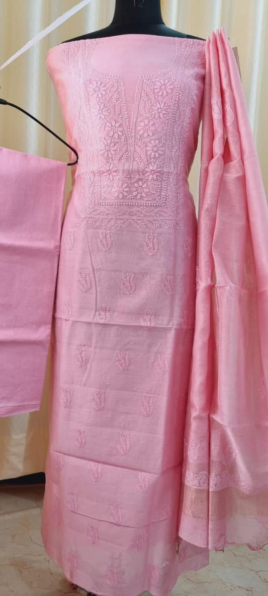 Timeless Craft: Handcrafted Chikan Chanderi 3pcs Silk Suits