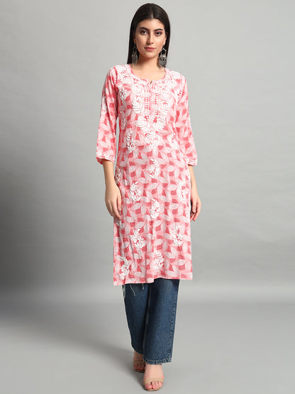 Handikraft Chikankari Kurta for Women Cotton Printed & Embroidered Straight Kurti Pink