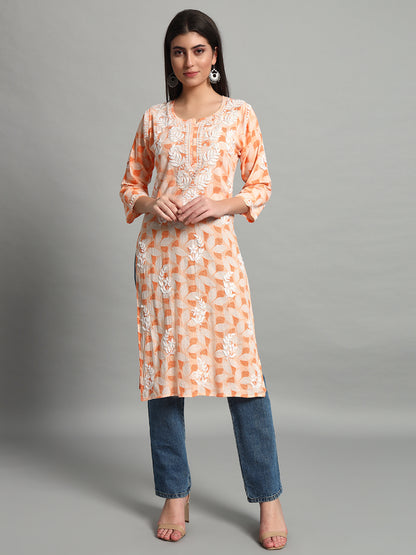 Handikraft Chikankari Kurta for Women Cotton Printed & Embroidered Straight Kurti Peach