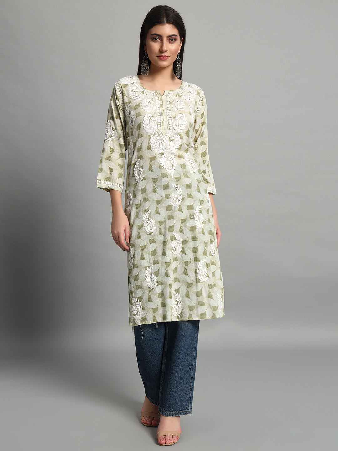 Handikraft Chikankari Kurta for Women Cotton Printed & Embroidered Straight Kurti Olive