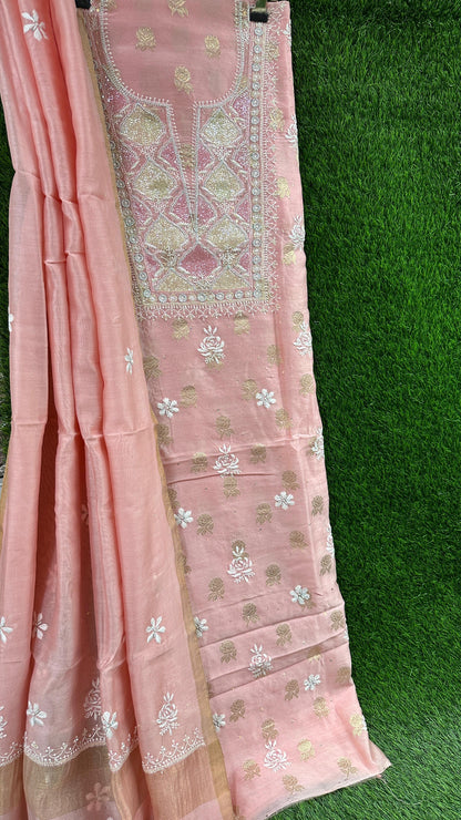 Pure Banarasi Chanderi Silk Shirt & Dupatta with Intricate Chikan & Embellishments