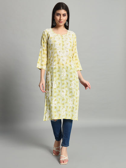 Fashionable Chikan Handikraft Chikankari Kurta for Women Cotton Printed & Embroidered Straight Kurti