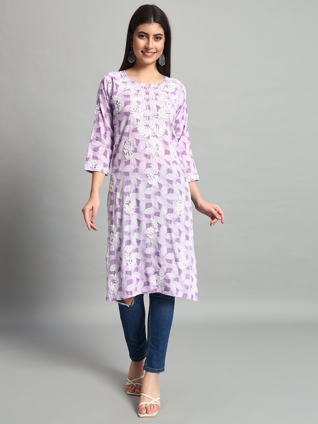 Fashionable Chikan Handikraft Chikankari Kurta for Women Cotton Printed & Embroidered Straight Kurti