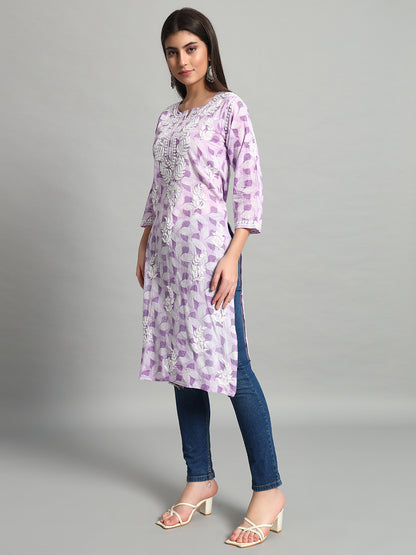 Handikraft Chikankari Kurta for Women Cotton Printed & Embroidered Straight Kurti Purple