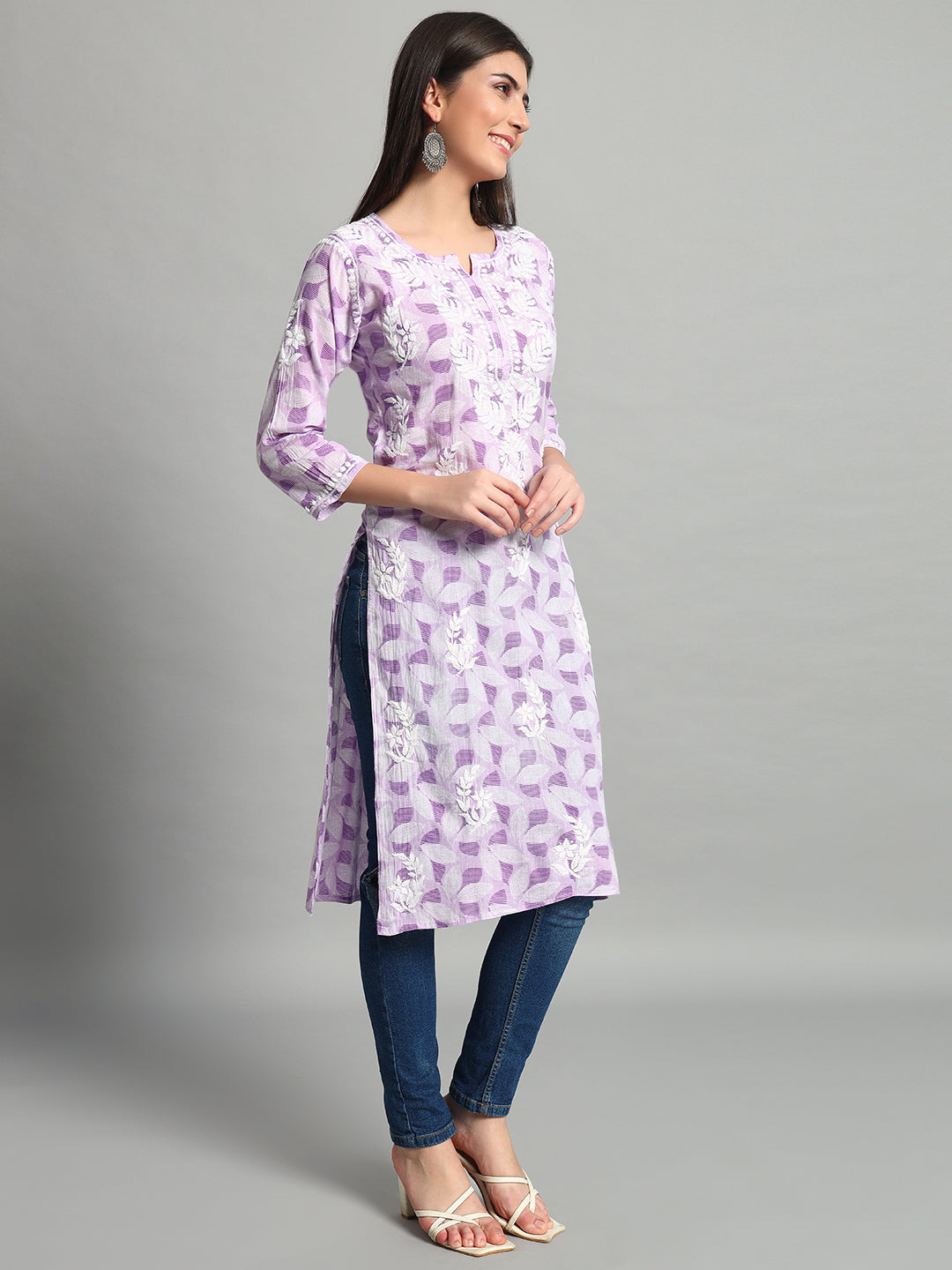 Handikraft Chikankari Kurta for Women Cotton Printed & Embroidered Straight Kurti Purple