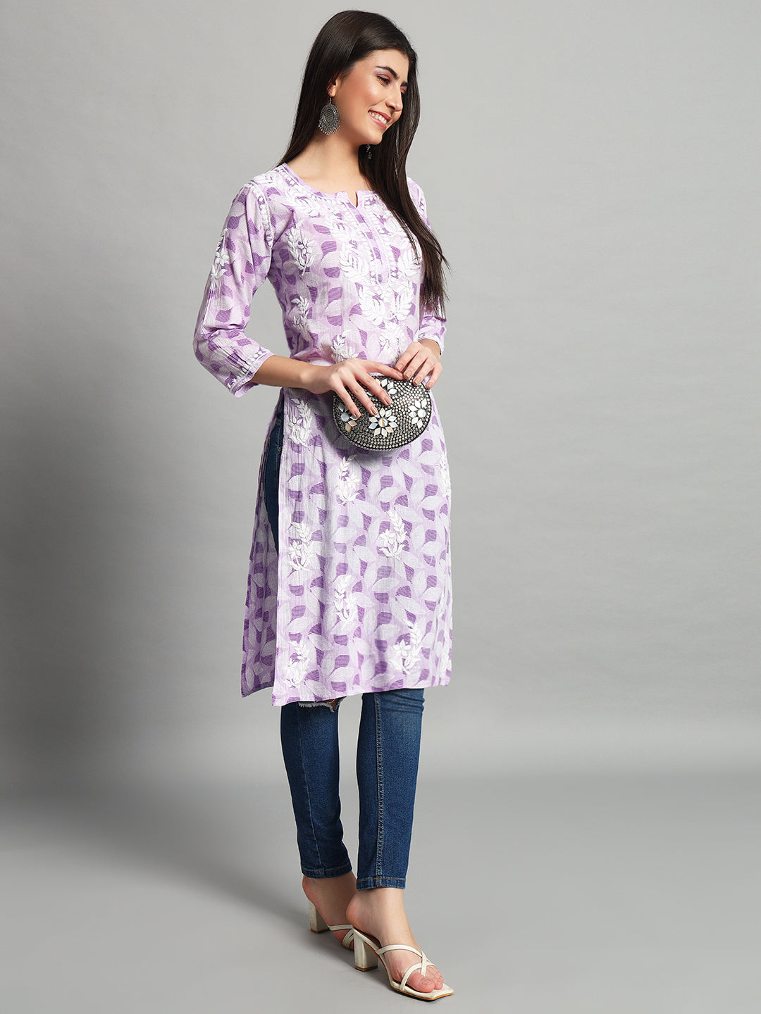 Handikraft Chikankari Kurta for Women Cotton Printed & Embroidered Straight Kurti Purple