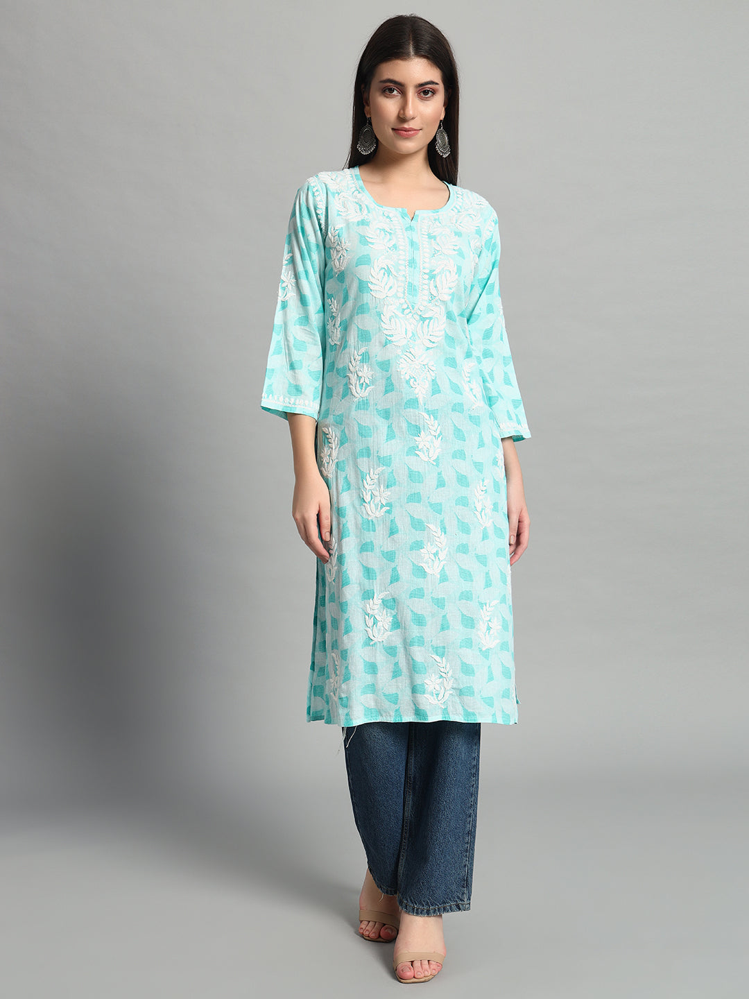 Fashionable Chikan Handikraft Chikankari Kurta for Women Cotton Printed & Embroidered Straight Kurti