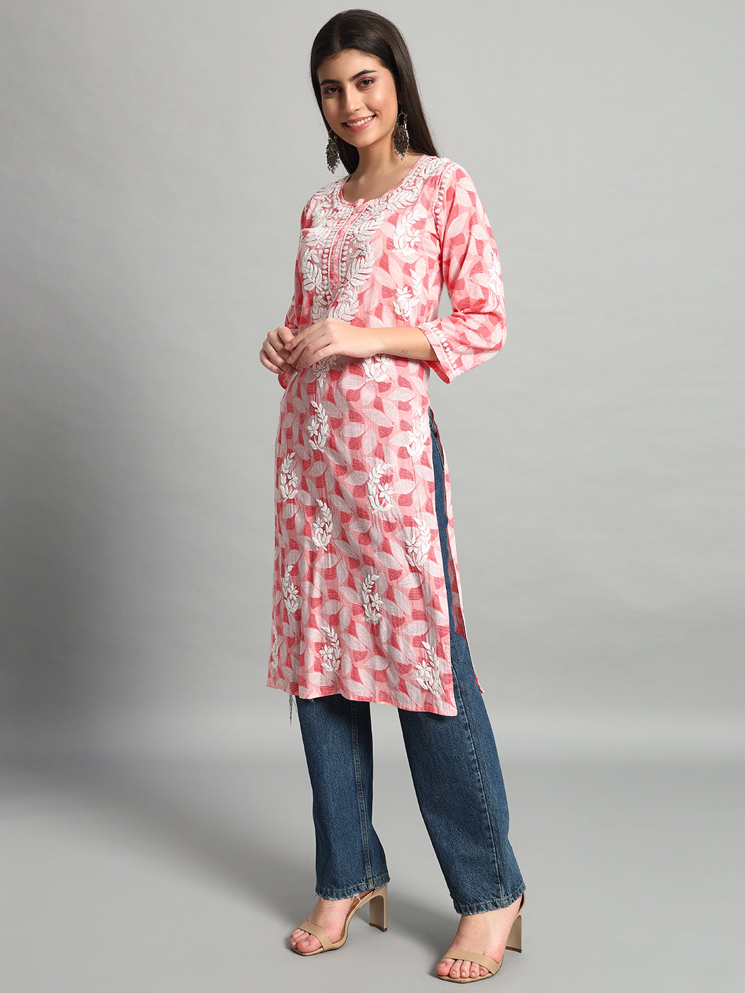 Handikraft Chikankari Kurta for Women Cotton Printed & Embroidered Straight Kurti Pink