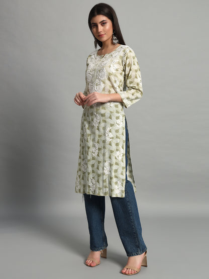 Handikraft Chikankari Kurta for Women Cotton Printed & Embroidered Straight Kurti Olive