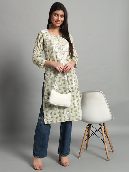 Fashionable Chikan Handikraft Chikankari Kurta for Women Cotton Printed & Embroidered Straight Kurti