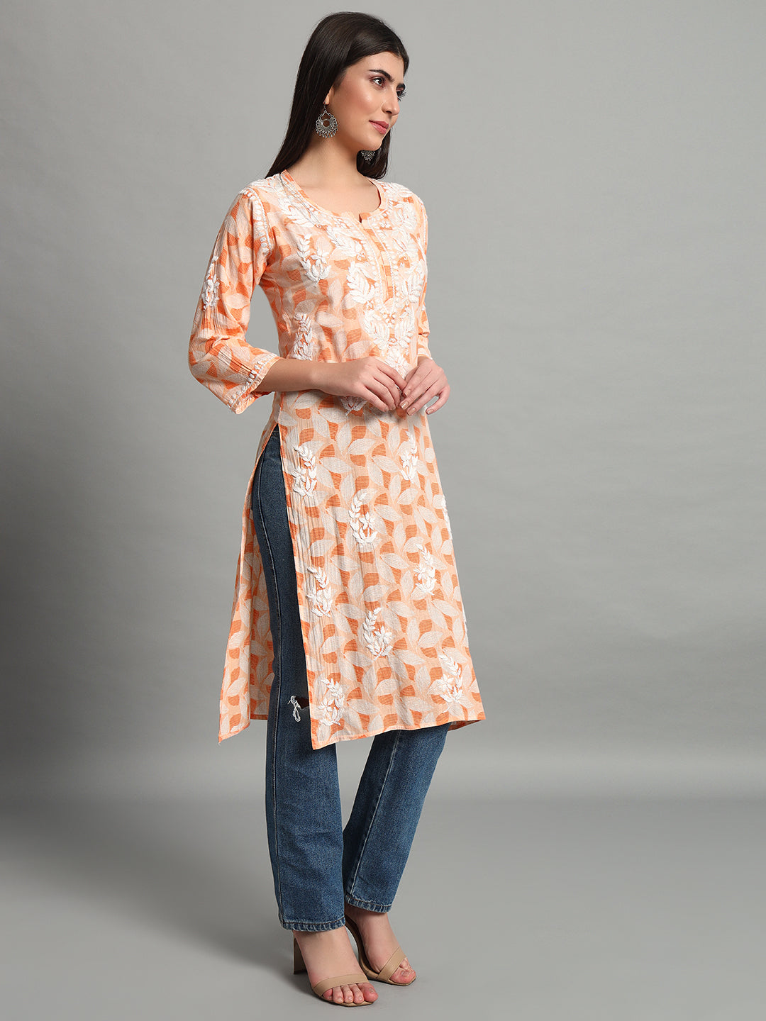 Handikraft Chikankari Kurta for Women Cotton Printed & Embroidered Straight Kurti Peach