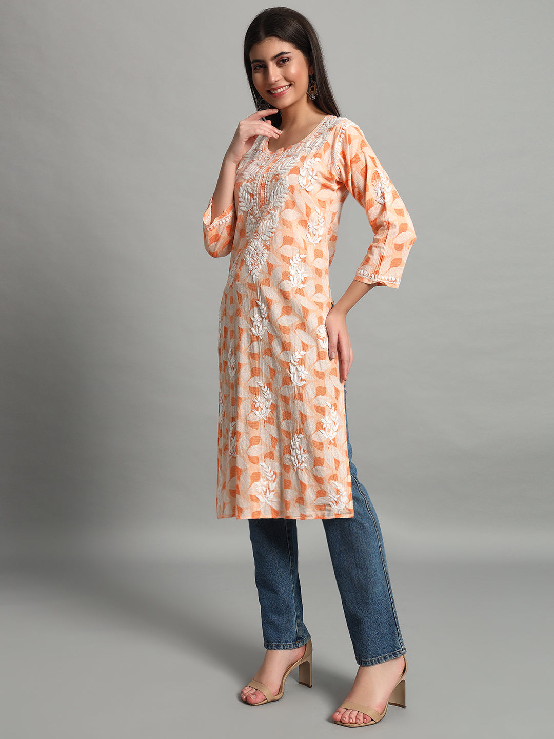 Handikraft Chikankari Kurta for Women Cotton Printed & Embroidered Straight Kurti Peach