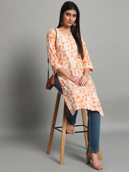 Handikraft Chikankari Kurta for Women Cotton Printed & Embroidered Straight Kurti Peach