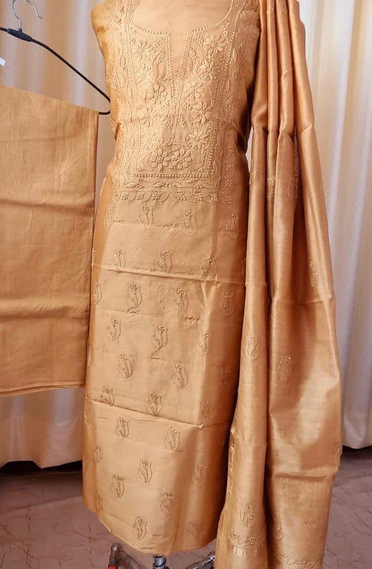 Timeless Craft: Handcrafted Chikan Chanderi 3pcs Silk Suits