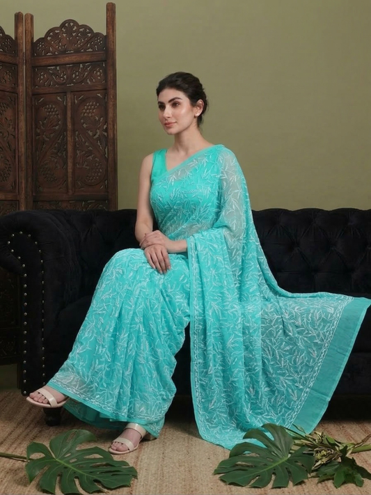 Exclusive Tepchi Hand-Made Chikankari Saree