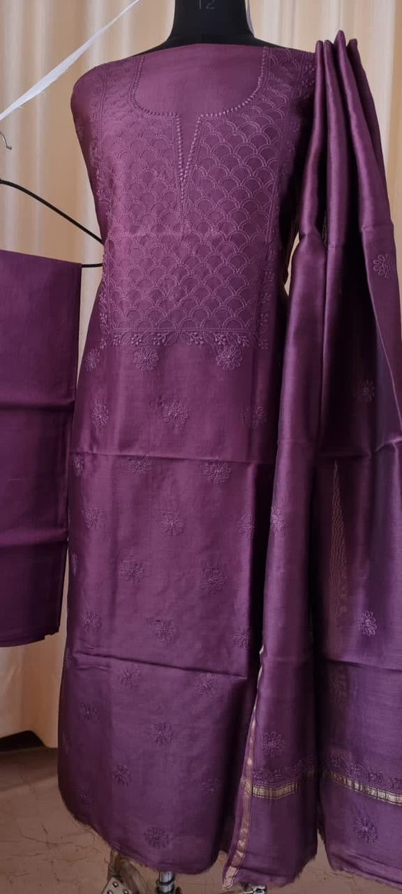 Timeless Craft: Handcrafted Chikan Chanderi 3pcs Silk Suits