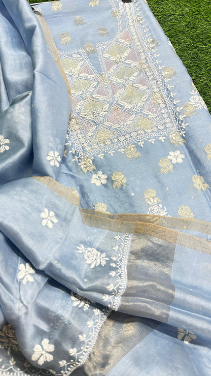 Pure Banarasi Chanderi Silk Shirt & Dupatta with Intricate Chikan & Embellishments