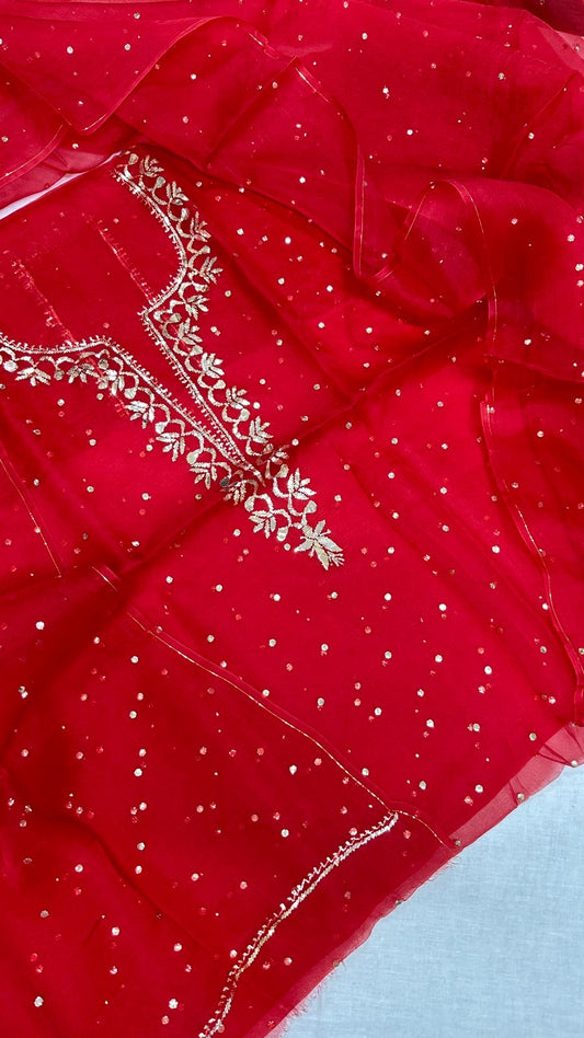 Premium Chikankari mukaish embroidery Unstitched kurti Fabric Red