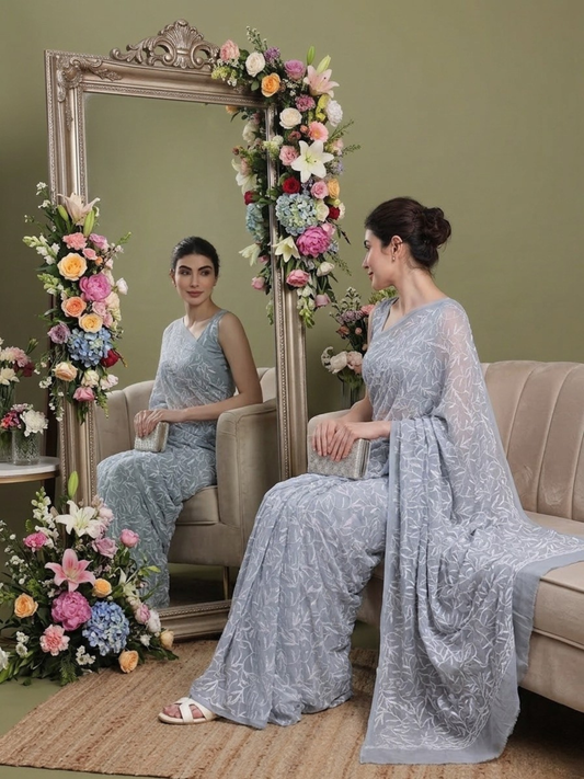 Exclusive Tepchi Hand-Made Chikankari Saree