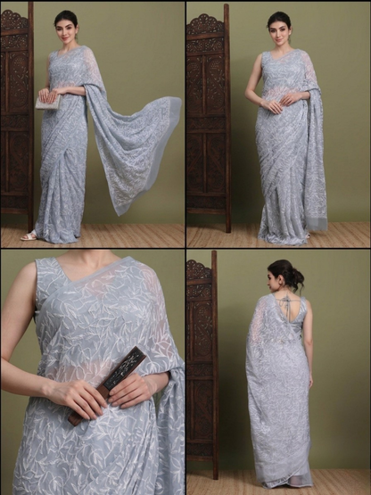 Exclusive Tepchi Hand-Made Chikankari Saree