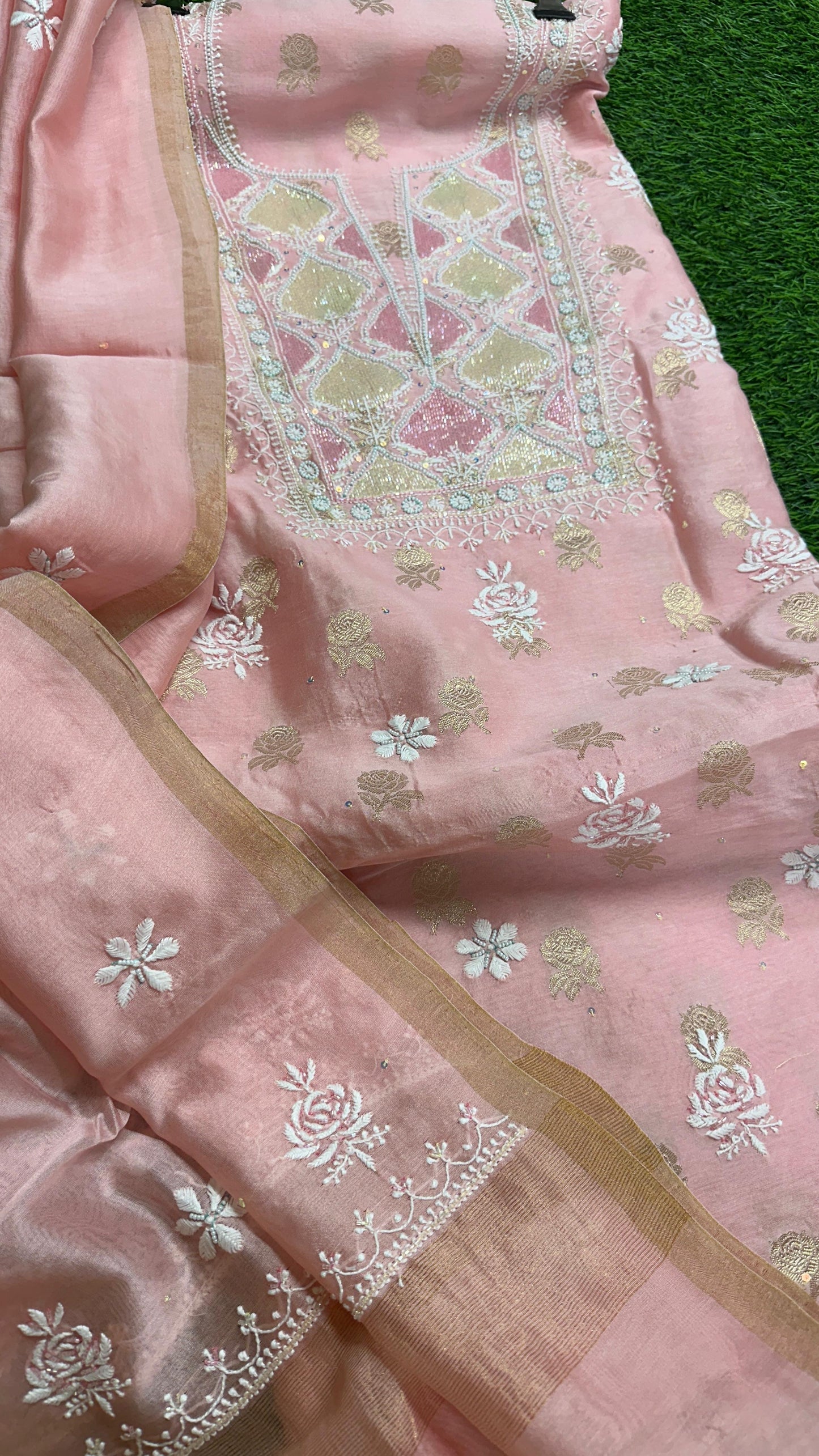 Pure Banarasi Chanderi Silk Shirt & Dupatta with Intricate Chikan & Embellishments