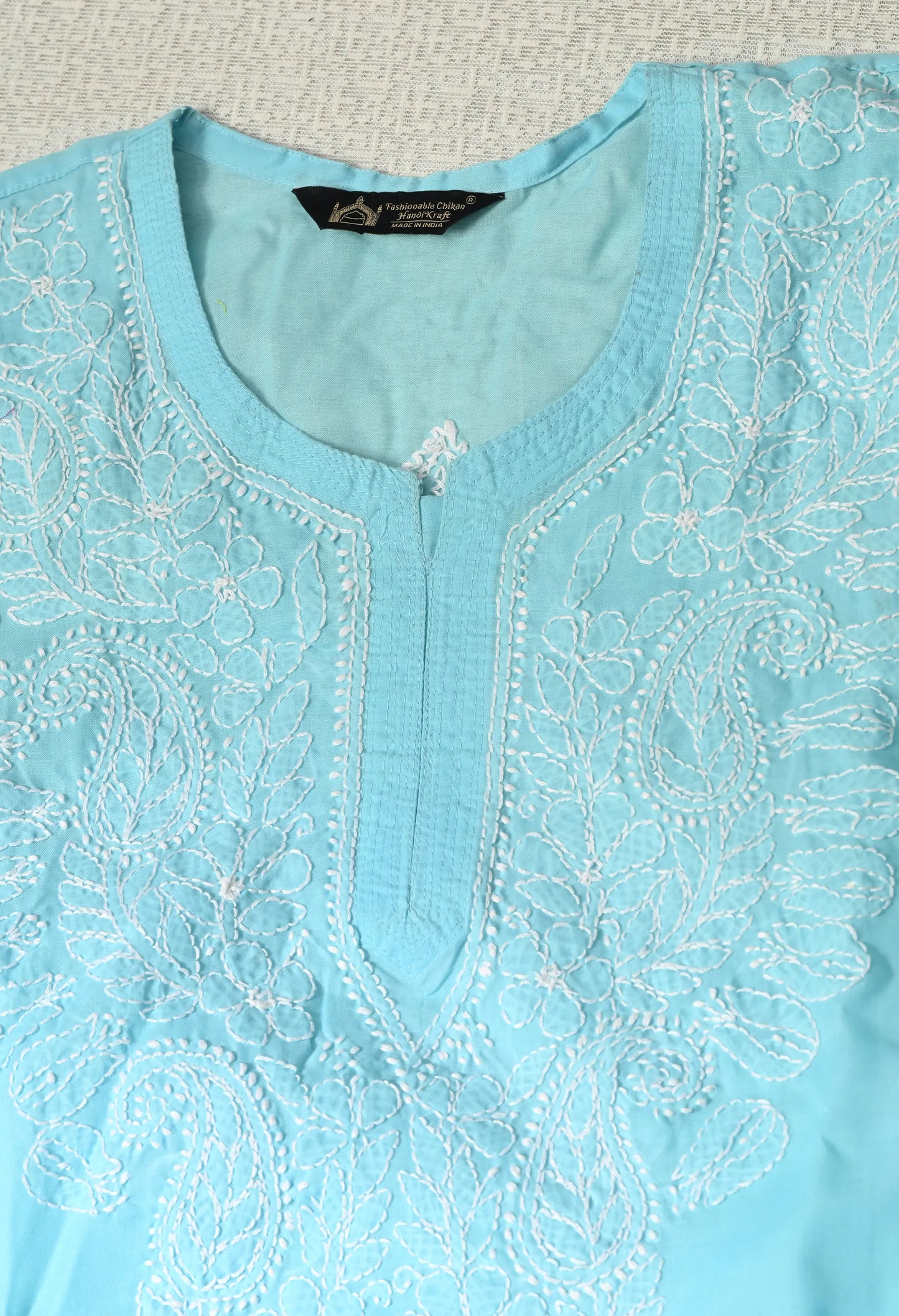PURE COTTON CHIKAN HANDWORK LONG KURTI | SKY BLUE