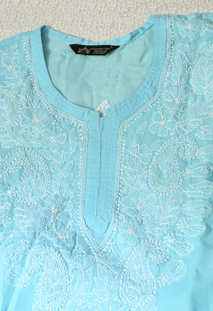 PURE COTTON CHIKAN HANDWORK LONG KURTI | SKY BLUE