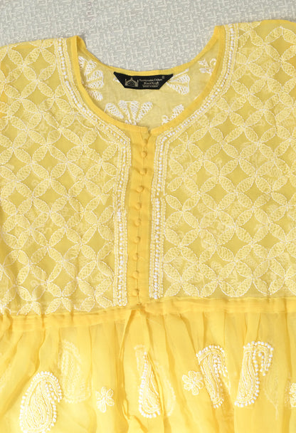 SOFT GEAORGETTE CHIKAN HANDWORK SHORT GOWN | MANGO YELLOW