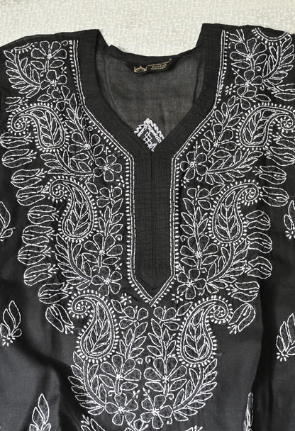 PURE COTTON CHIKAN HANDWORK LONG KURTI | BLACK