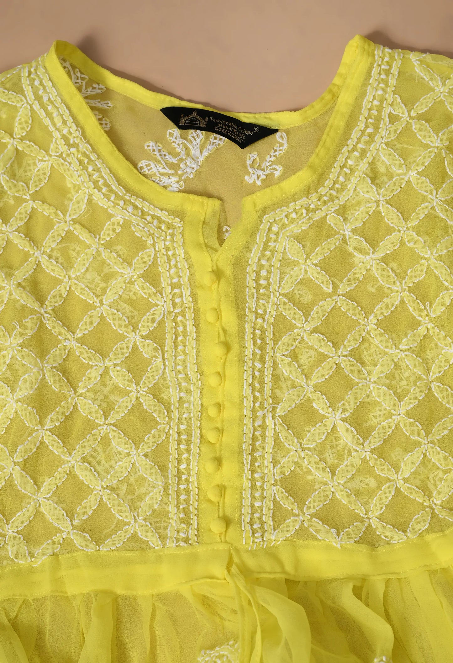 SOFT GEAORGETTE CHIKAN HANDWORK SHORT GOWN | LEMON YELLOW