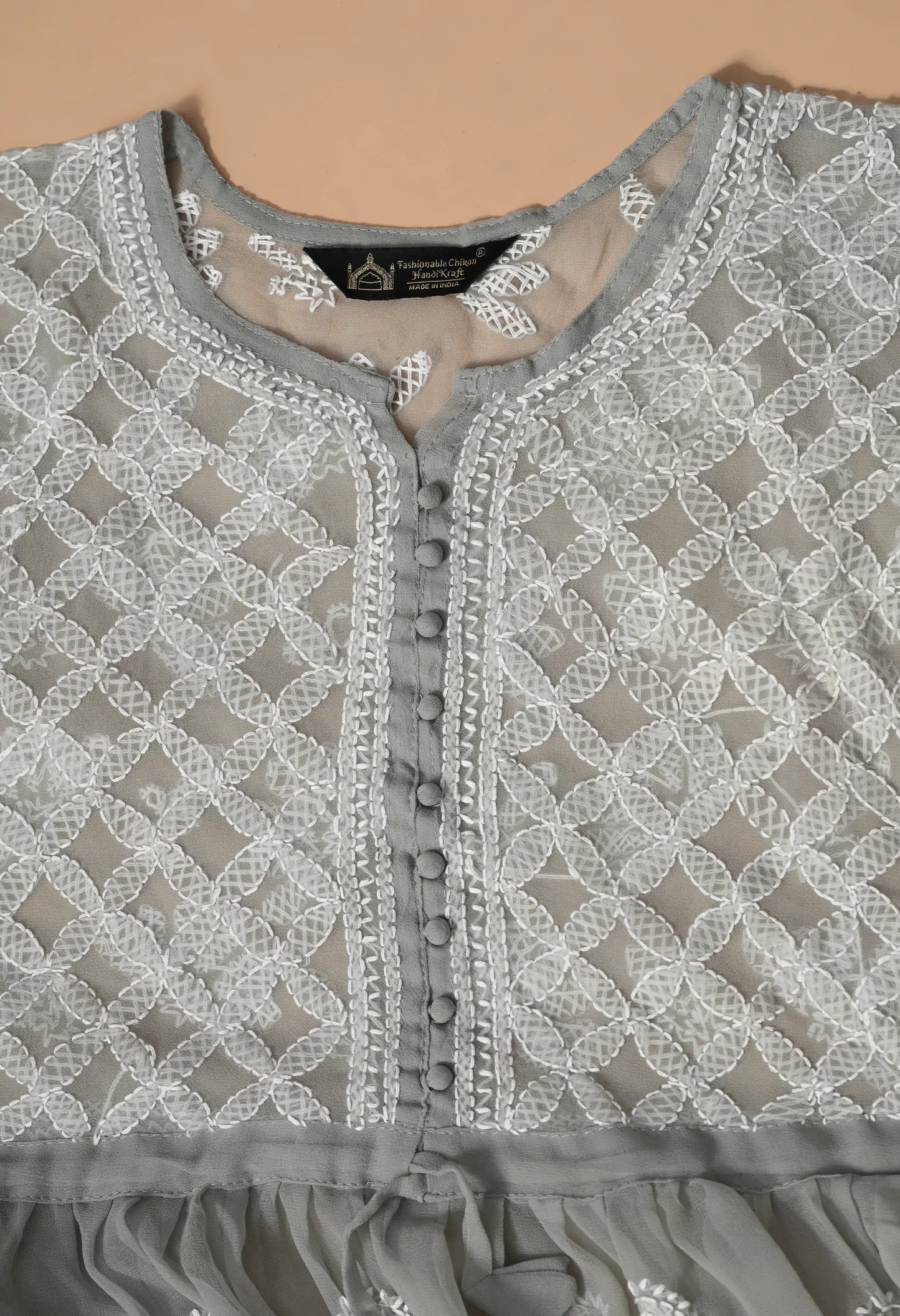 SOFT GEAORGETTE CHIKAN HANDWORK SHORT GOWN | GREY