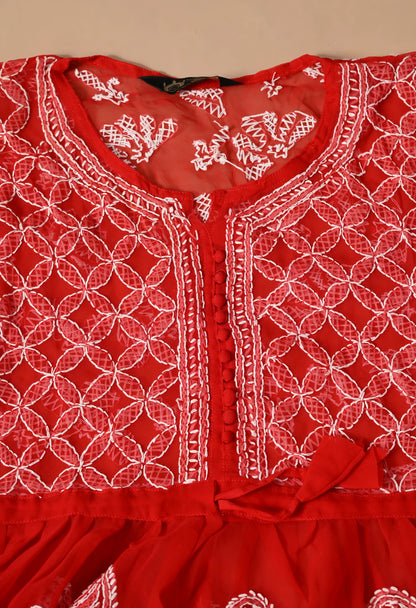 SOFT GEAORGETTE CHIKAN HANDWORK SHORT GOWN | RED