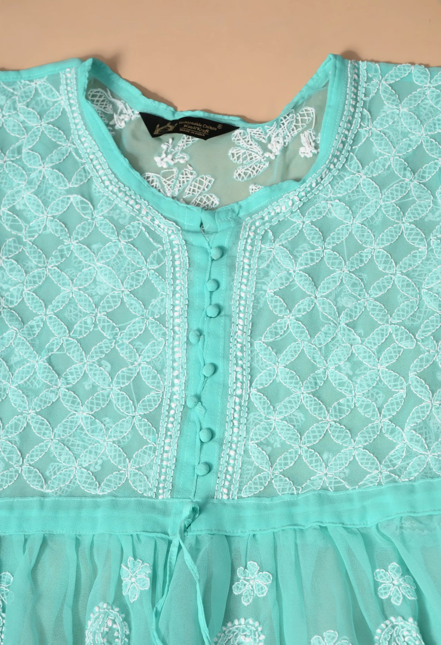 SOFT GEAORGETTE CHIKAN HANDWORK SHORT GOWN | MINT GREEN